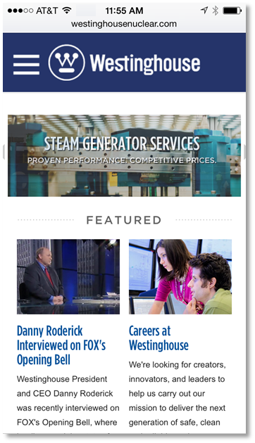 westinghouse homepage, as seen on a smartphone
