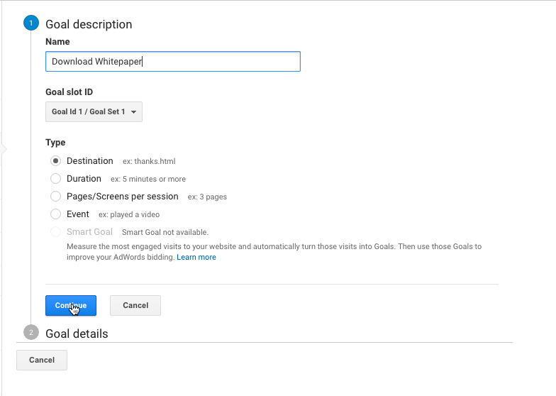 Creating a Google Analytics Destination Goal