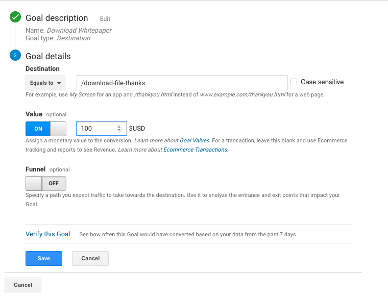 Creating a new Google Analytics Destination Goal