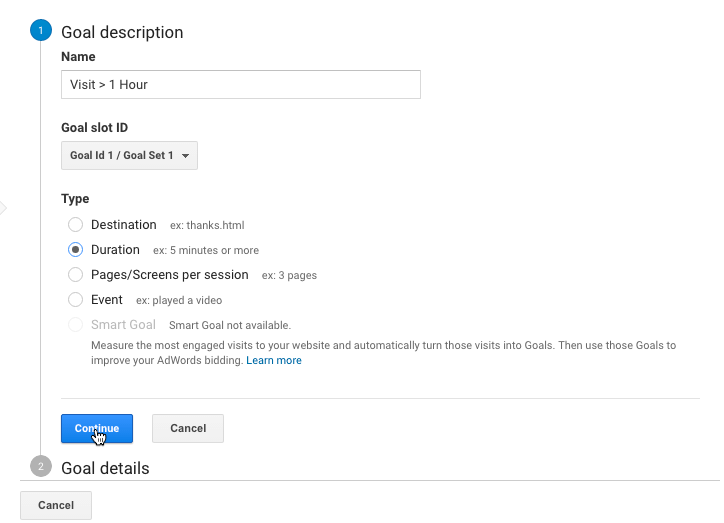 Creating a new Google ANalytics Duration Goal