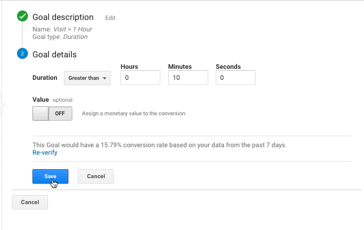 Creating a new Google Analytics Duration Goal Set Time