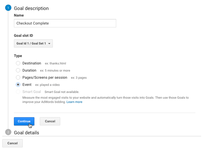 Creating an Event based Google Analytics Goal