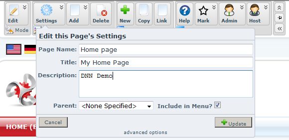 Advanced Control Panel - edit page settings