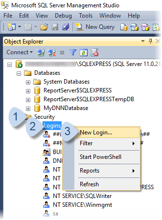 Under Security, right-click Logins, choose New Login.