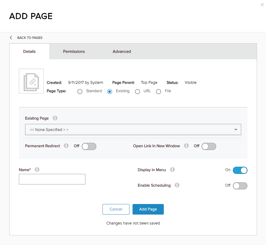 Add Page > Details > Page Type: Existing