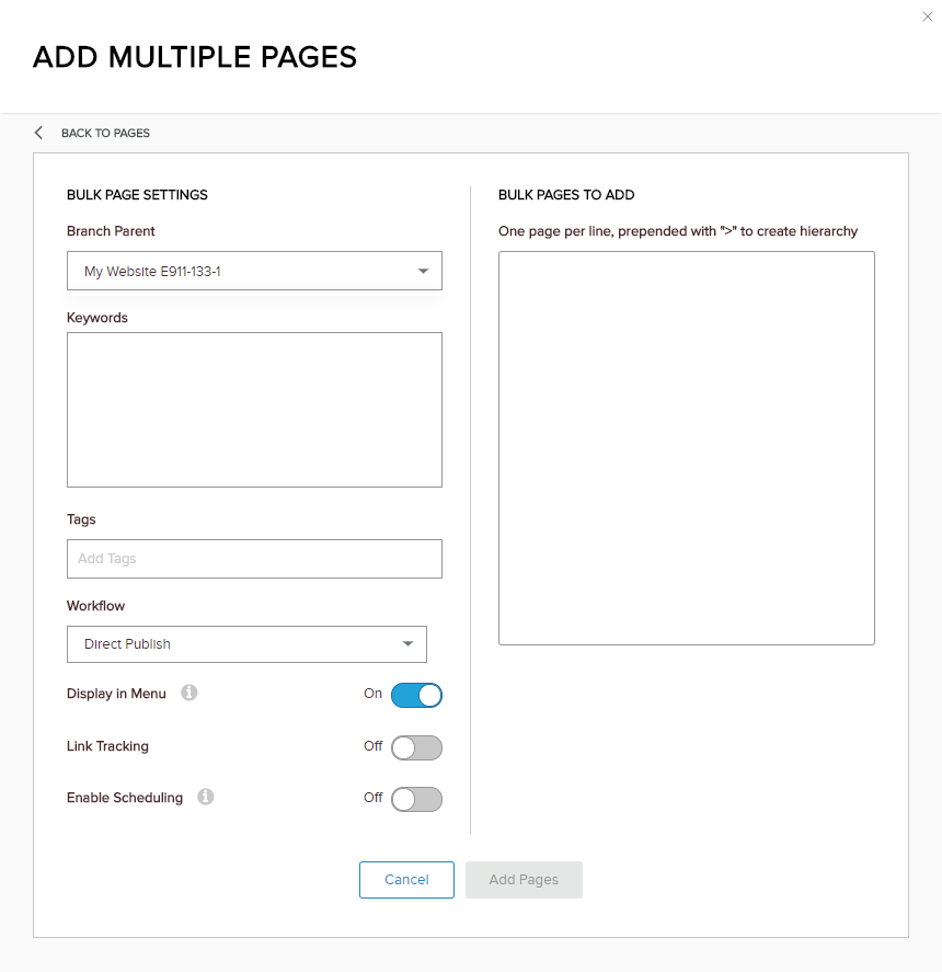 Content > Pages > Add Multiple Pages