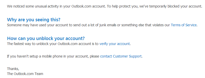 Hotmail Verification Message